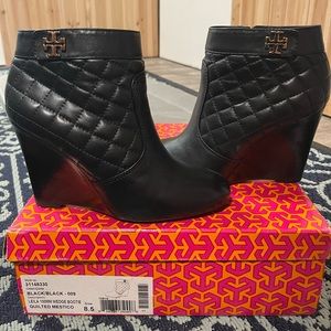Tory Burch Black Leather Quilted Wedge Bootie - 8.5